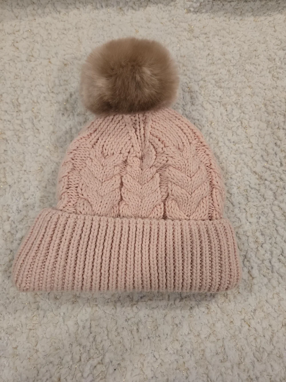 Love Your Melon Blush Pink Cable Knit Beanie with Faux Fur Pom